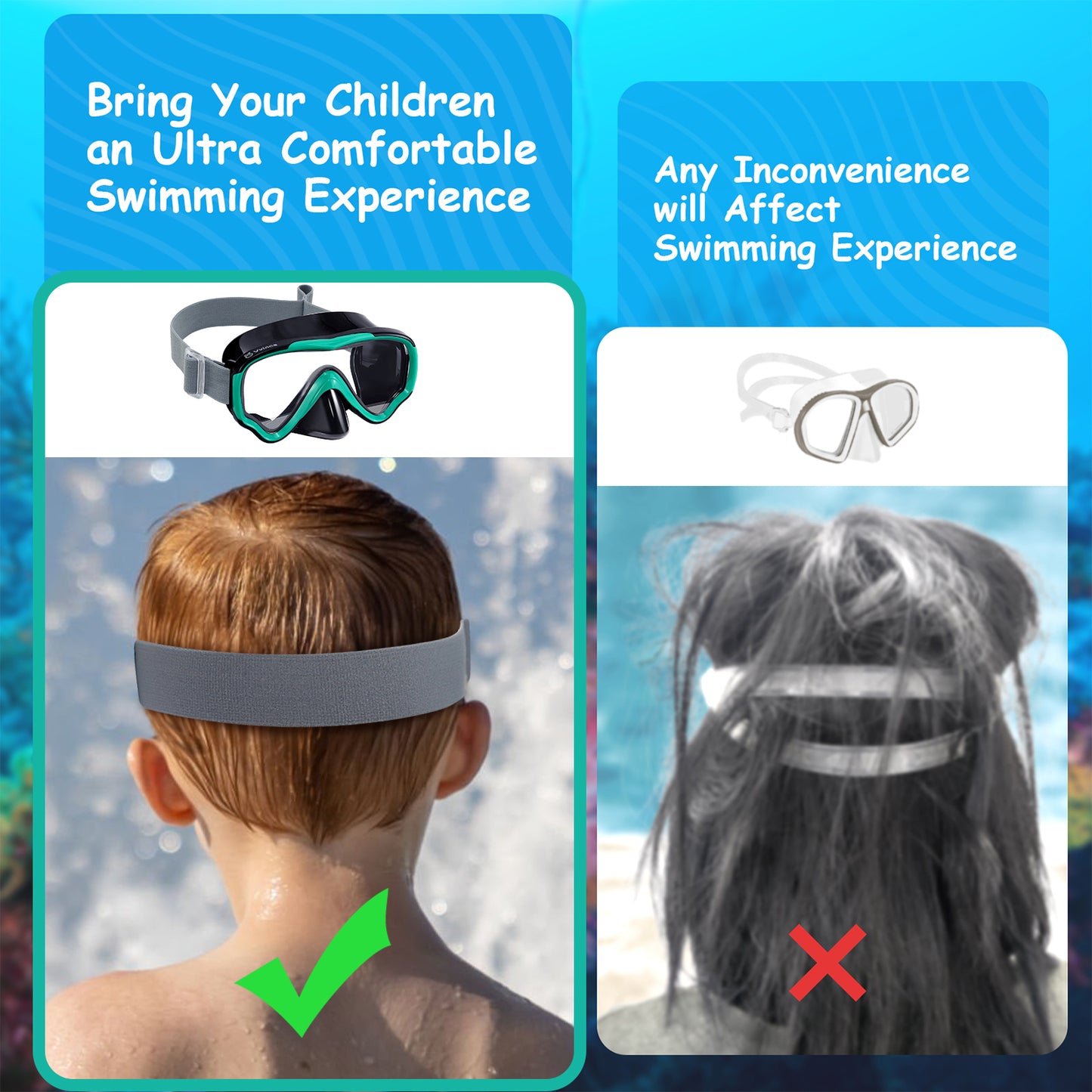 Vvinca Kids-Goggles with Nose Cover, Diving Mask Elastic Fabric Strap Anti Fog Anti Shattered Lens for Kids Swim Goggles 3-14