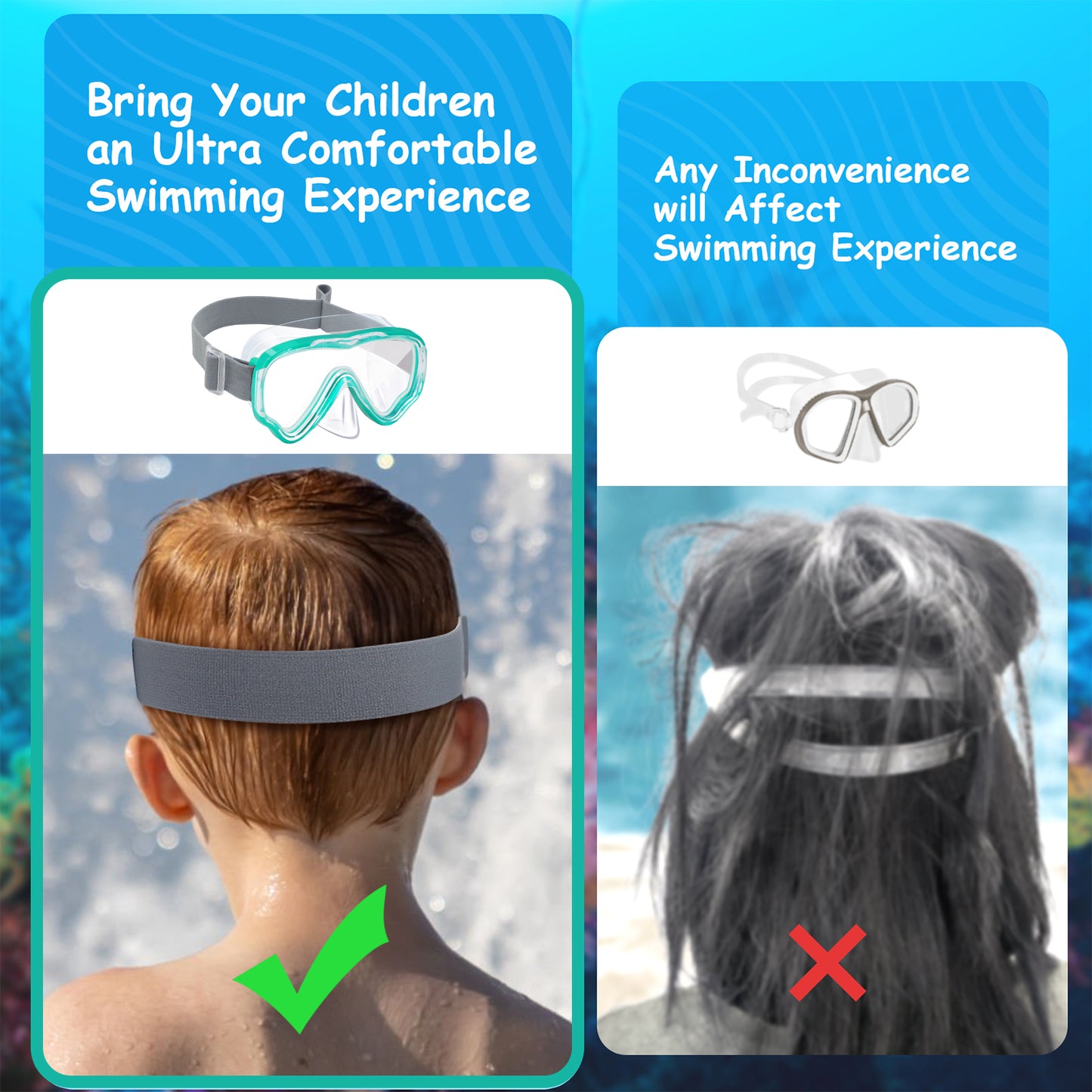 Vvinca Kids-Goggles with Nose Cover, Diving Mask Elastic Fabric Strap Anti Fog Anti Shattered Lens for Kids Swim Goggles 3-14