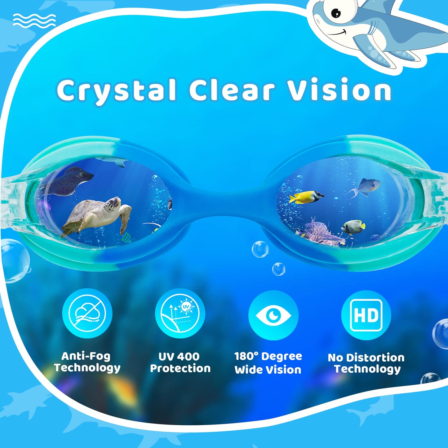 Vvinca Kids Swim Goggles for Ages 2–8, Fabric Strap No Hair Pulling, Anti-Fog & Leak-Resistant for Pool & Swim Lessons