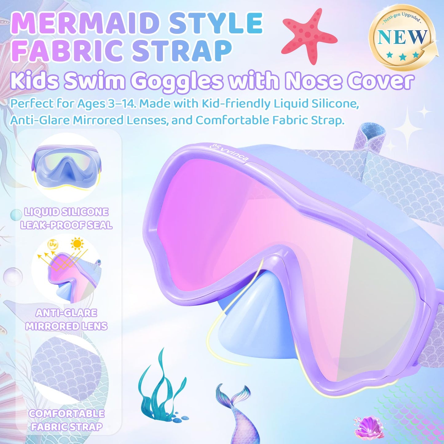 Vvinca Kids Swim Goggles with Nose Cover & Tangle-Free Fabric Strap - Anti-Fog/UV Waterproof Swimming Mask for Boys Girls 3-15, Wide View Snorkel Gear with Soft Silicone Seal, Mermaid Scales