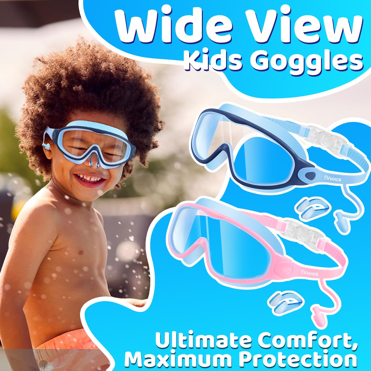 Vvinca Swim Goggles, Kids Goggles with Earplugs& Nose Clip Wide View Anti-Fog/UV Swimming Goggles for Age 3-15 Boys Girls
