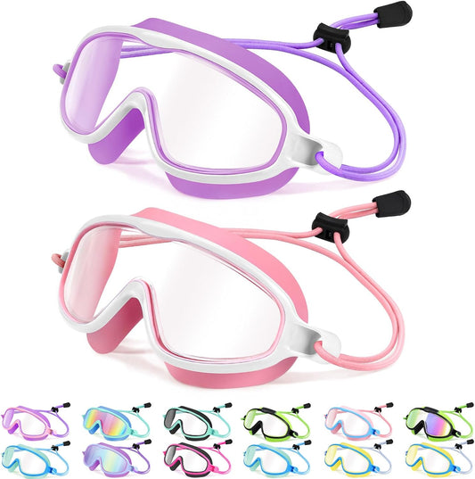 Kids Wide-View Bungee-Strap Goggles - 2 Pack — Purple White + Pink White