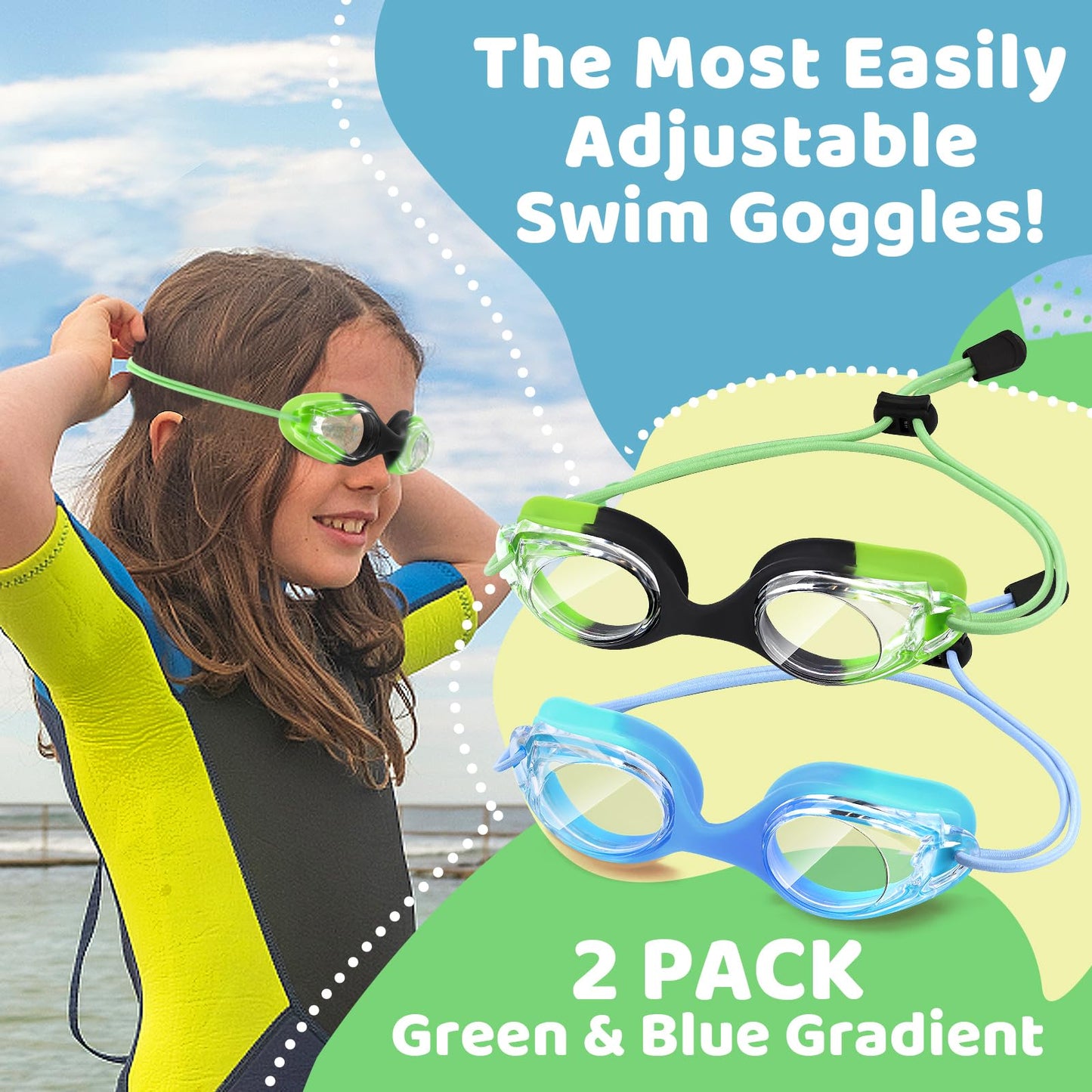 Vvinca Kids Swim Goggles 2 Pack, Bungee Strap No Hair Pulling, Anti Fog Waterproof Goggles for Boys Girls Youth Ages 3-14, Soft Silicone Seal for Pool Beach, Toddler Swim Accessories