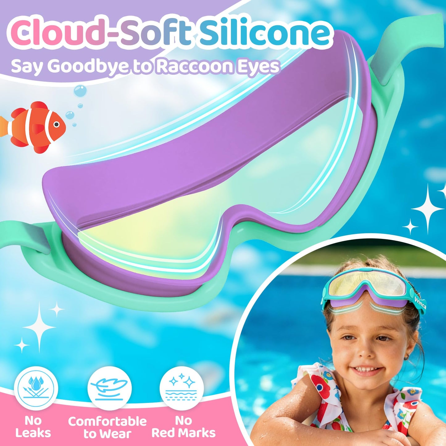 Vvinca Kids Swim Goggles for Boys Girls Age 3-15, Soft Wave-Shape Strap (No Hair Pulling), 180° Wide View Anti Fog/UV Waterproof Swimming Goggles, Leak Free Silicone Pool Goggle for Toddler Youth