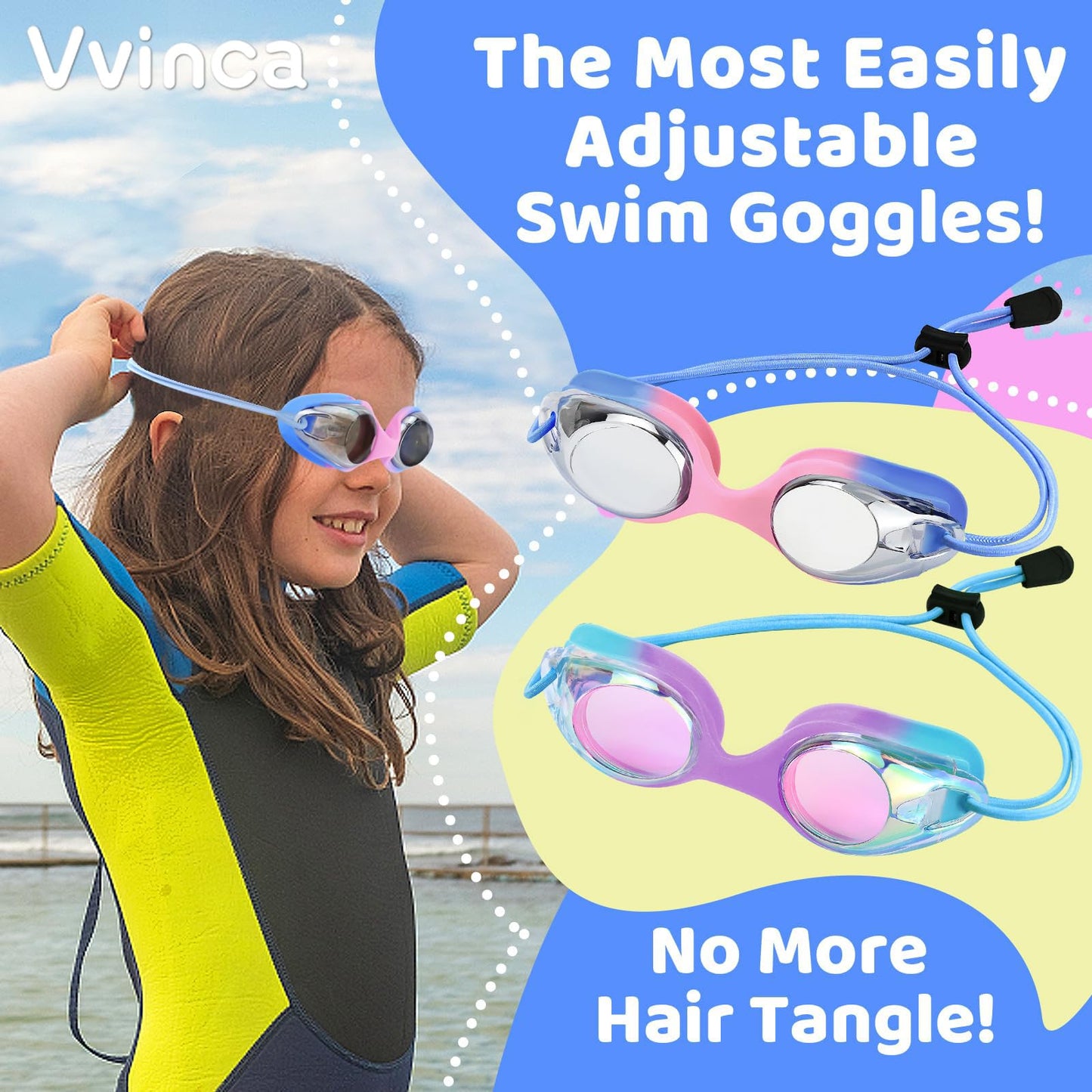 Vvinca Kids Swim Goggles with Bungee Strap No Leaking Anti Fog Toddler Goggles with Quick Adjust Ages 3-14