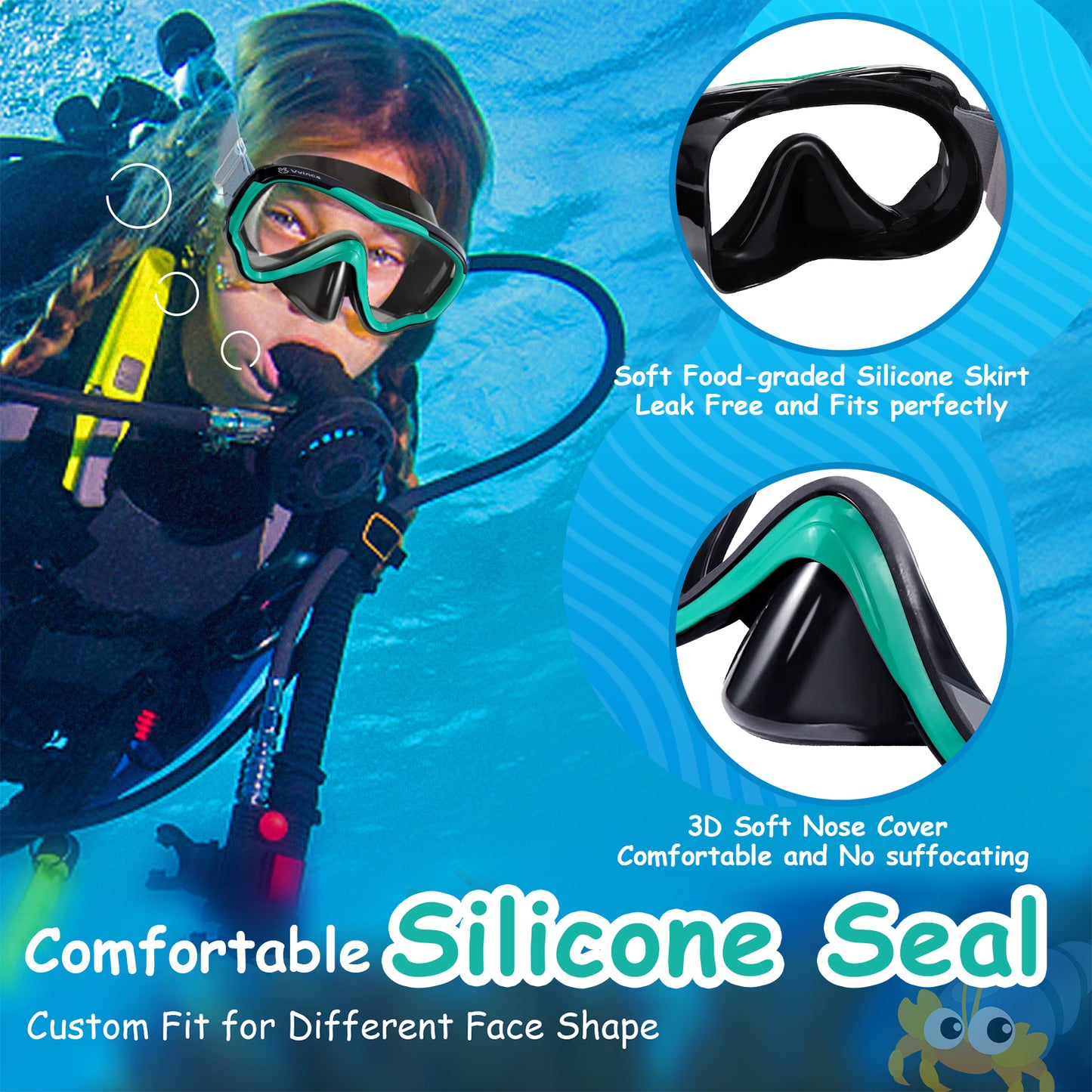 Vvinca Kids-Goggles with Nose Cover, Diving Mask Elastic Fabric Strap Anti Fog Anti Shattered Lens for Kids Swim Goggles 3-14