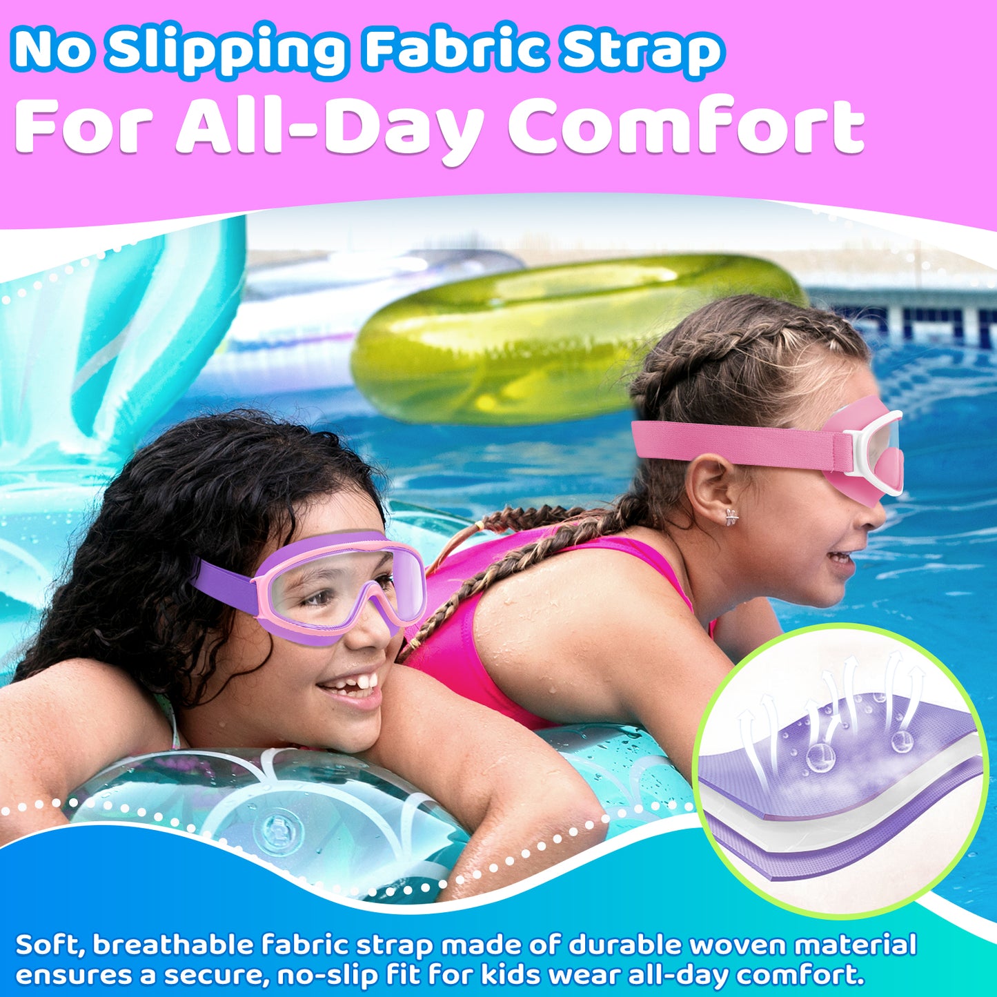 Vvinca Kids Goggles with Comfort Fabric Strap, Kids Swim Goggles Wide View Anti-Fog/UV No Leaking Swimming Goggles for 3-14