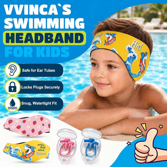 Kids Swimming Headbands — 2 Pack — Yellow Shark + Pink Strawberry image 02