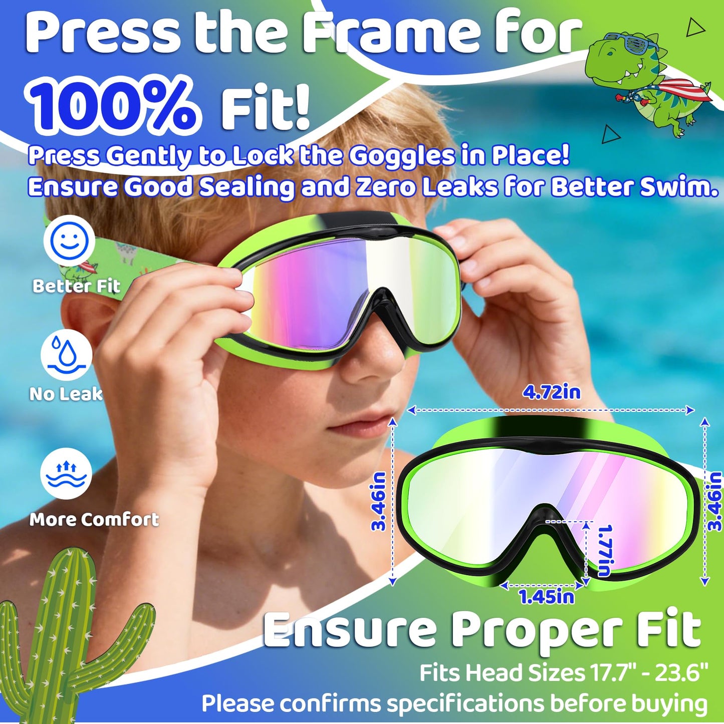 Vvinca Kids Swim Goggles 2 Pack, Cartoon Fabric Strap No Hair Pulling Swimming Goggles for Boys Girls 3-12, Anti-Fog Waterproof Wide View Mask, Soft Comfort Fit for Toddler Pool Beach Gift