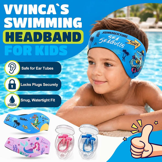 Kids Swimming Headbands — 2 Pack — Blue Dinosaur + Purple Mermaid image 02
