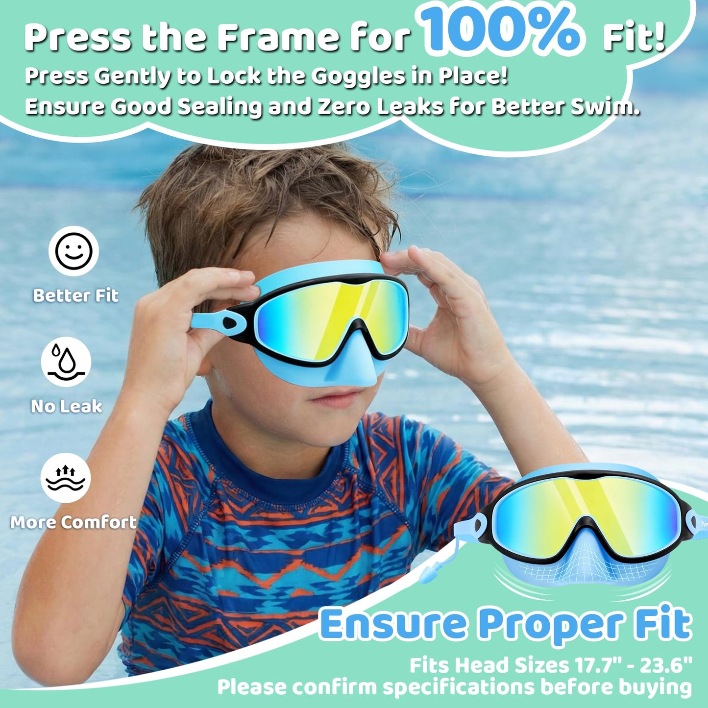 Vvinca Kids Swim Goggles 2 Pack with Nose Cover and Attached Earplugs, Wide View Anti-Fog/UV Swimming Goggles for Age 3-12 Boys Girls, No Leak Pool Water Clear Swimming Goggle for Youth Toddler