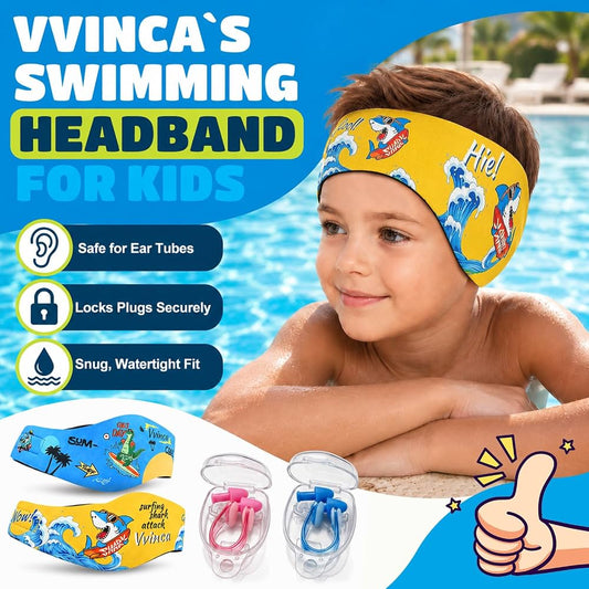 Kids Swimming Headbands — 2 Pack — Yellow Shark + Blue Dinosaur image 02
