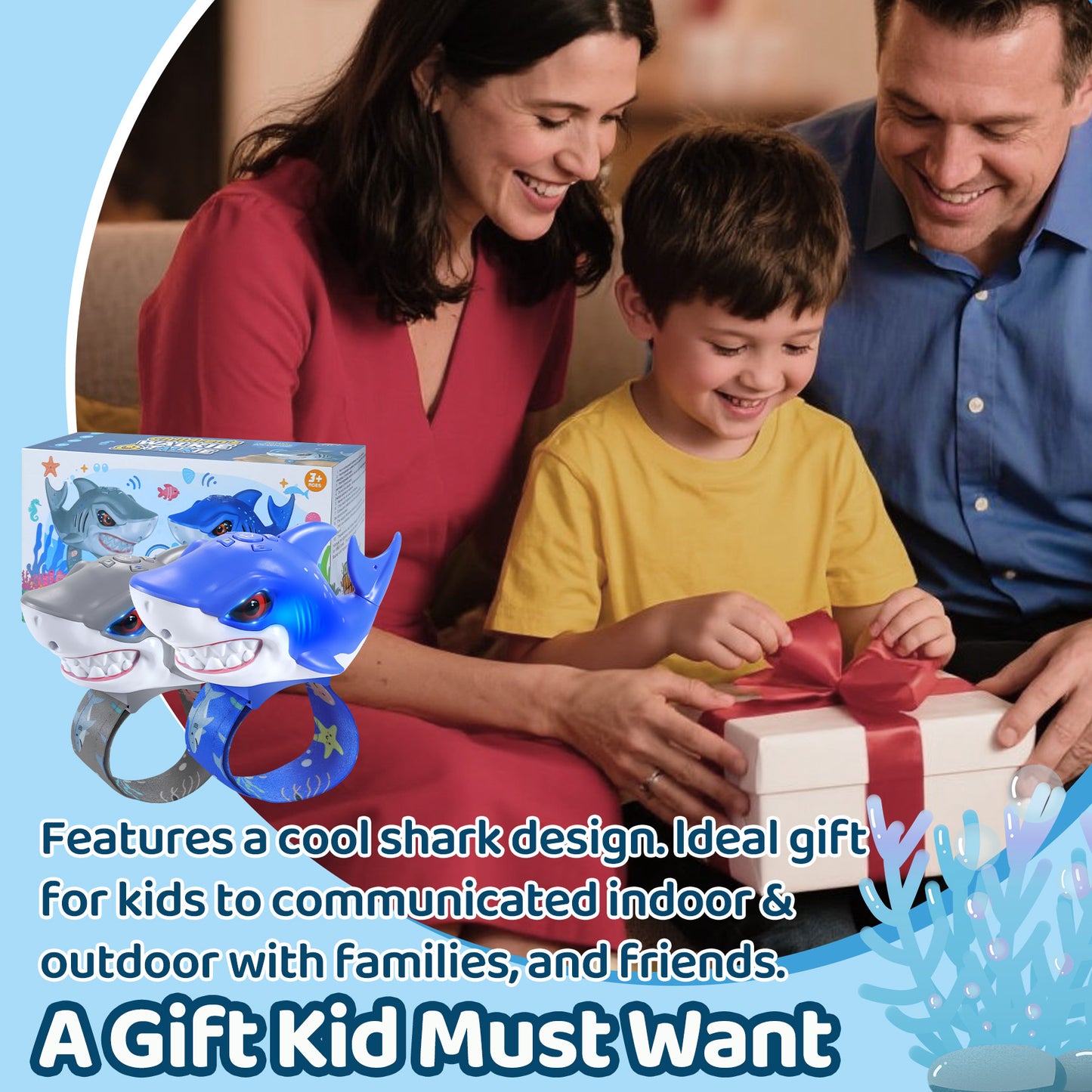 Vvinca Walkie Talkies for Kids 2 Pack - Toys for Boys Girls Age 3-5 5-7 8-12 Christmas Birthday Gifts for Toddlers Adjustable Strap Long Range Clear Sound Camping Outdoor Game Shark Walkie-Talkie