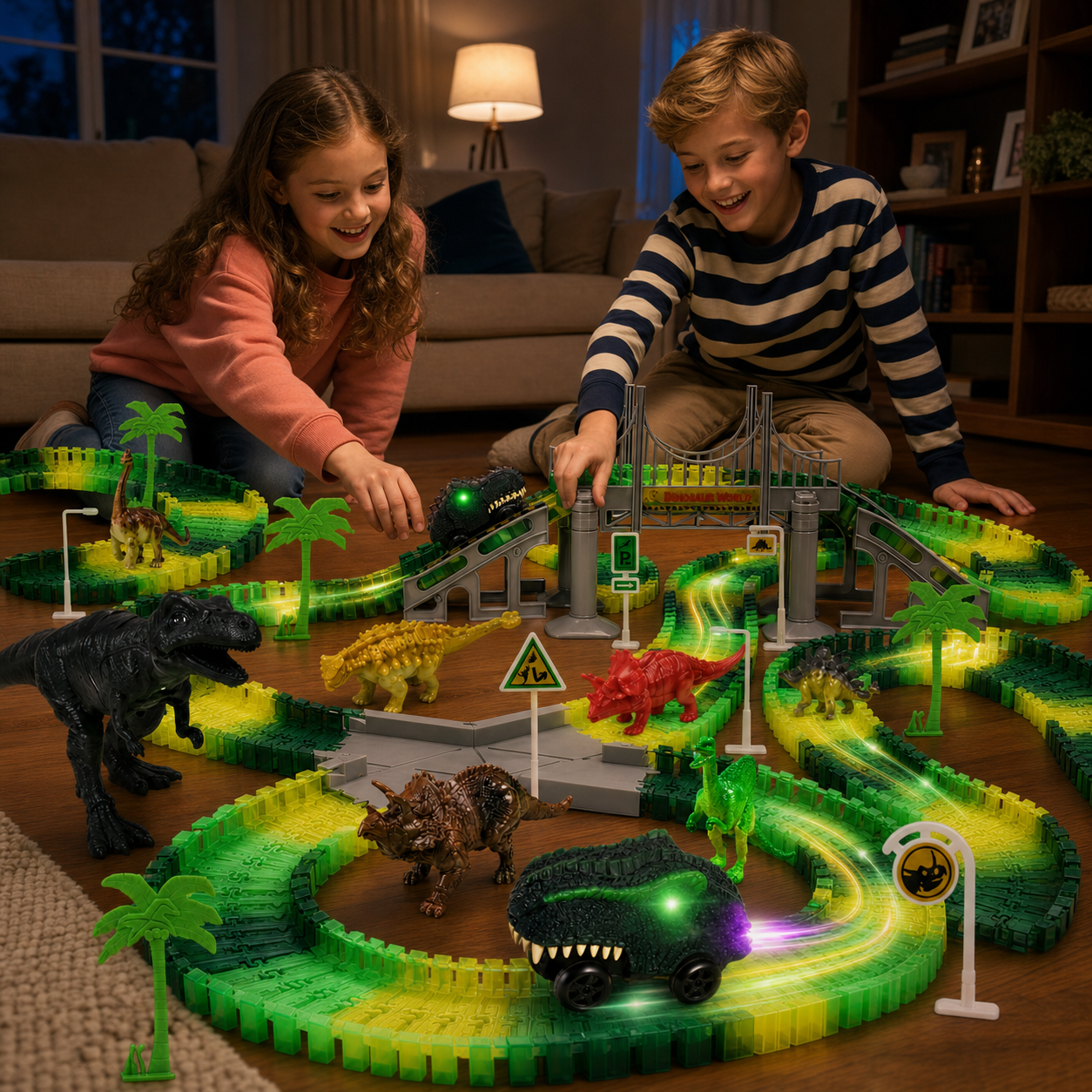 Children playing together with the VVINCA glow dinosaur race track set