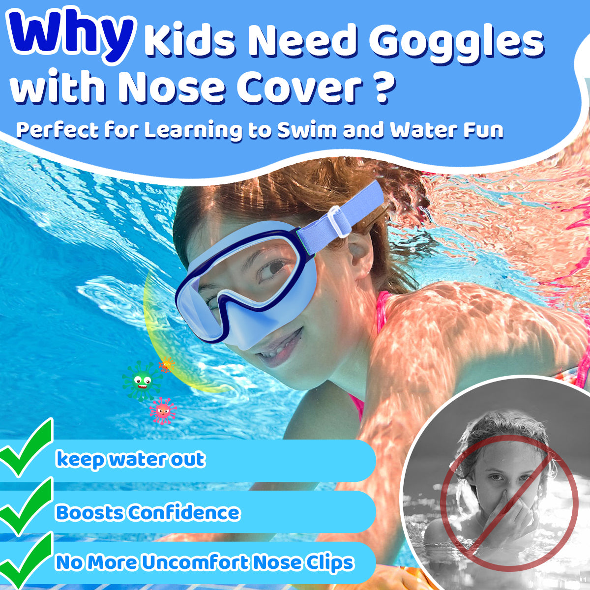 Vvinca Kids Goggles with Nose Cover Comfort Fabric Strap, Kids Swim Goggles Wide View Diving Mask Anti-Fog/UV No Leaking Swimming Goggles for 3-14