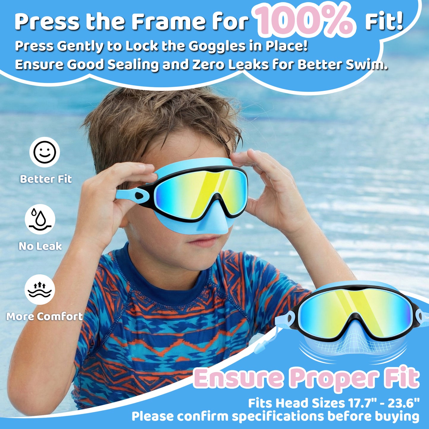 Vvinca Kids Swim Goggles 2 Pack with Nose Cover and Attached Earplugs, Wide View Anti-Fog/UV Swimming Goggles for Age 3-12 Boys Girls, No Leak Pool Water Clear Swimming Goggle for Youth Toddler