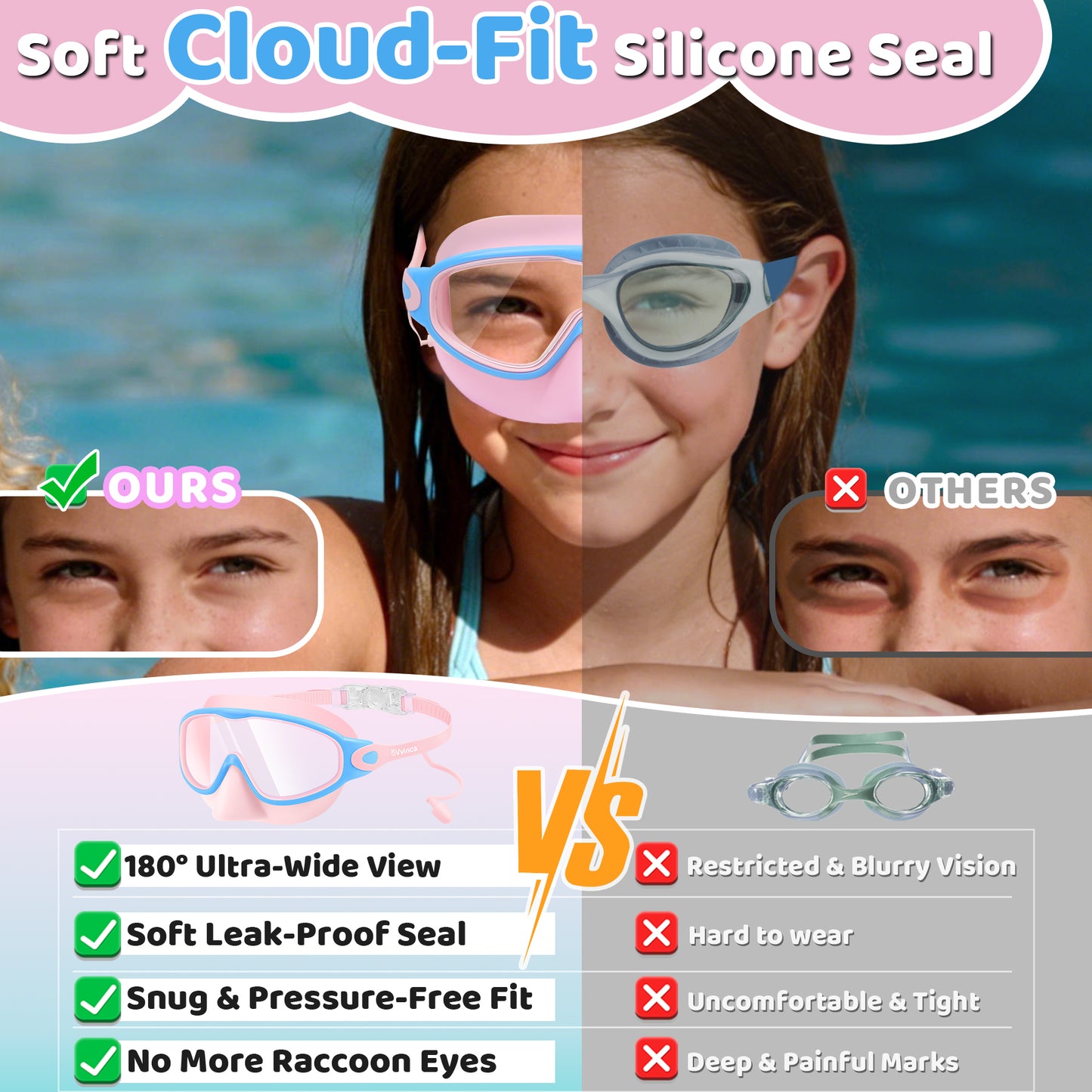 Vvinca Kids Swim Goggles 2 Pack with Nose Cover and Attached Earplugs, Wide View Anti-Fog/UV Swimming Goggles for Age 3-12 Boys Girls, No Leak Pool Water Clear Swimming Goggle for Youth Toddler