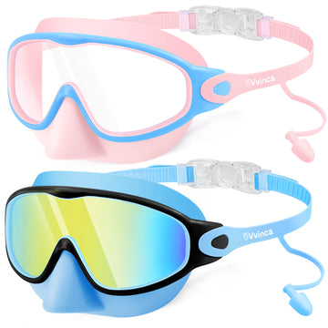 Vvinca Kids Swim Goggles 2 Pack with Nose Cover and Attached Earplugs, Wide View Anti-Fog/UV Swimming Goggles for Age 3-12 Boys Girls, No Leak Pool Water Clear Swimming Goggle for Youth Toddler