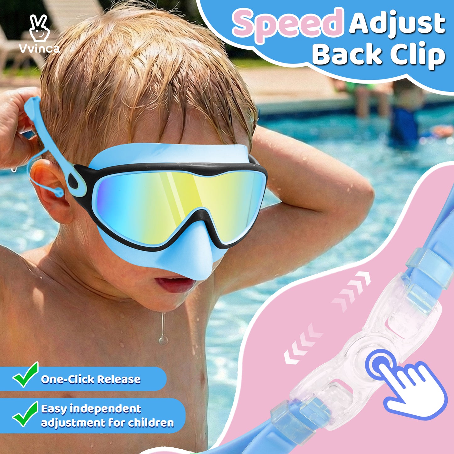 Vvinca Kids Swim Goggles 2 Pack with Nose Cover and Attached Earplugs, Wide View Anti-Fog/UV Swimming Goggles for Age 3-12 Boys Girls, No Leak Pool Water Clear Swimming Goggle for Youth Toddler