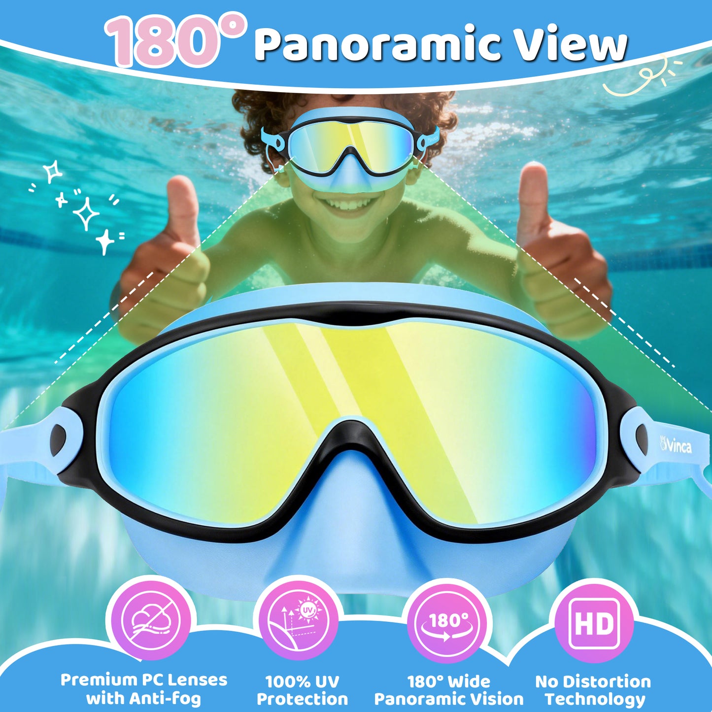 Vvinca Kids Swim Goggles 2 Pack with Nose Cover and Attached Earplugs, Wide View Anti-Fog/UV Swimming Goggles for Age 3-12 Boys Girls, No Leak Pool Water Clear Swimming Goggle for Youth Toddler
