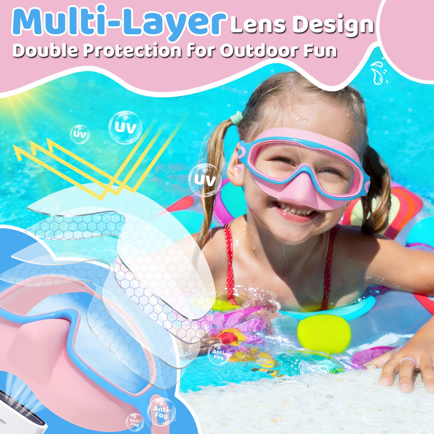 Vvinca Kids Swim Goggles 2 Pack with Nose Cover and Attached Earplugs, Wide View Anti-Fog/UV Swimming Goggles for Age 3-12 Boys Girls, No Leak Pool Water Clear Swimming Goggle for Youth Toddler