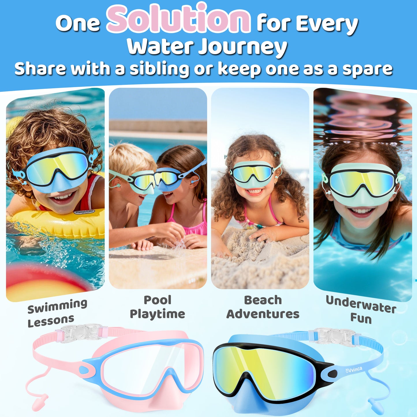 Vvinca Kids Swim Goggles 2 Pack with Nose Cover and Attached Earplugs, Wide View Anti-Fog/UV Swimming Goggles for Age 3-12 Boys Girls, No Leak Pool Water Clear Swimming Goggle for Youth Toddler