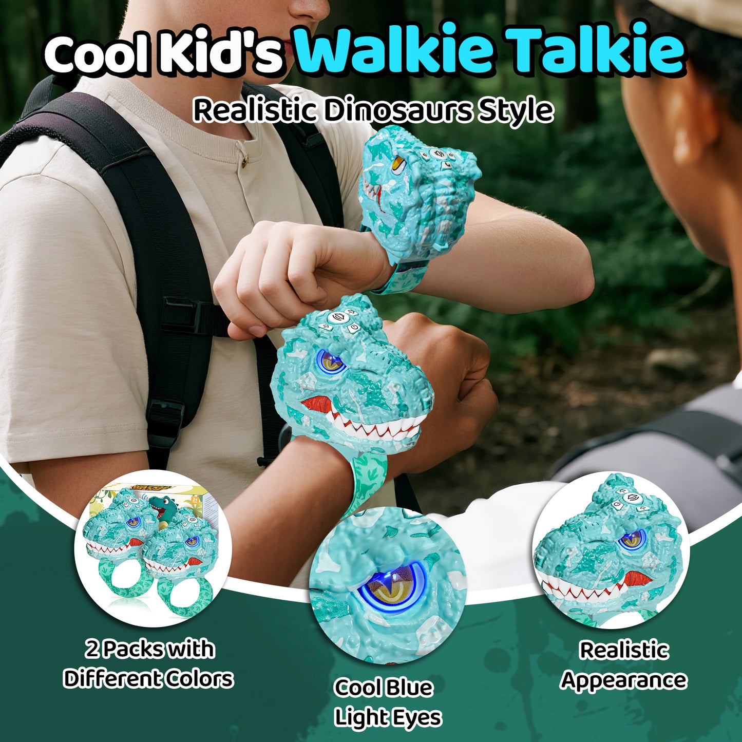 Vvinca Walkie Talkies for Kids 2 Pack - Dinosaur Toys for Boys Age 3-12 T-Rex Adjustable Wrist Strap Long Range Clear Sound Outdoor Camping Gears Christmas Stocking Stuffers Birthday Gifts, Blue