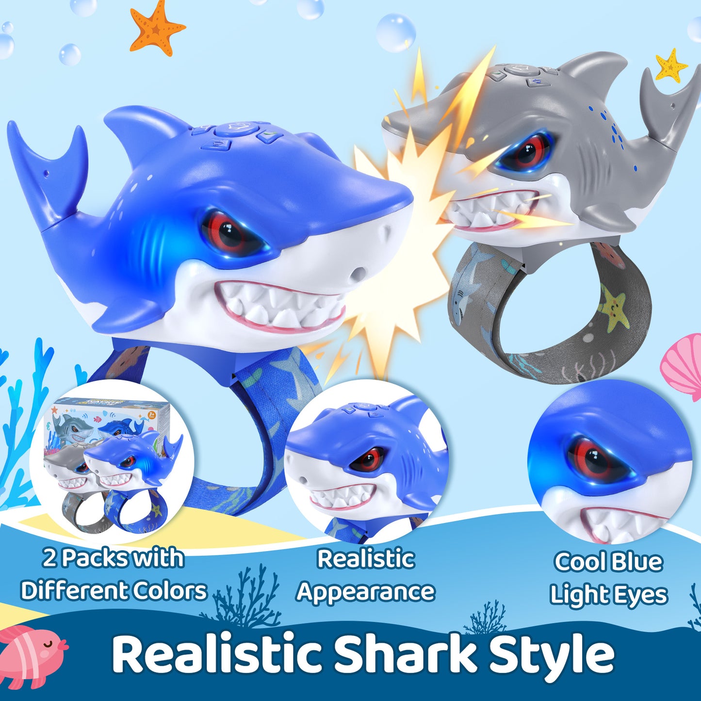 Vvinca Walkie Talkies for Kids 2 Pack - Toys for Boys Girls Age 3-5 5-7 8-12 Christmas Birthday Gifts for Toddlers Adjustable Strap Long Range Clear Sound Camping Outdoor Game Shark Walkie-Talkie