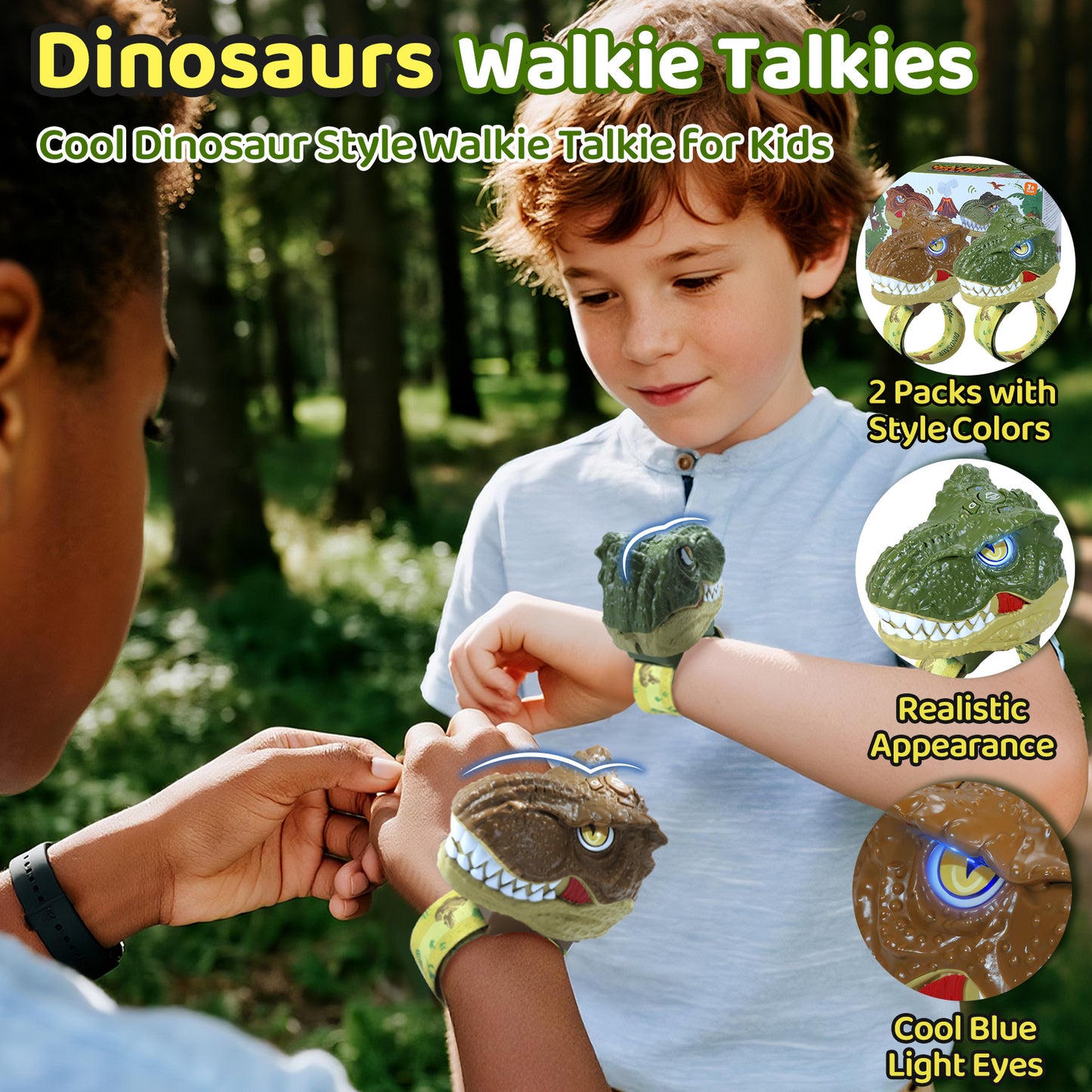 Vvinca Dinosaur Walkie Talkies for Kids 2 Pack, T-Rex Dinosaur Toys for Kids 3-5 5-7 8-12 Adjustable Strap Long Range Outdoor Camping Toys Boys Christmas Birthday Gifts