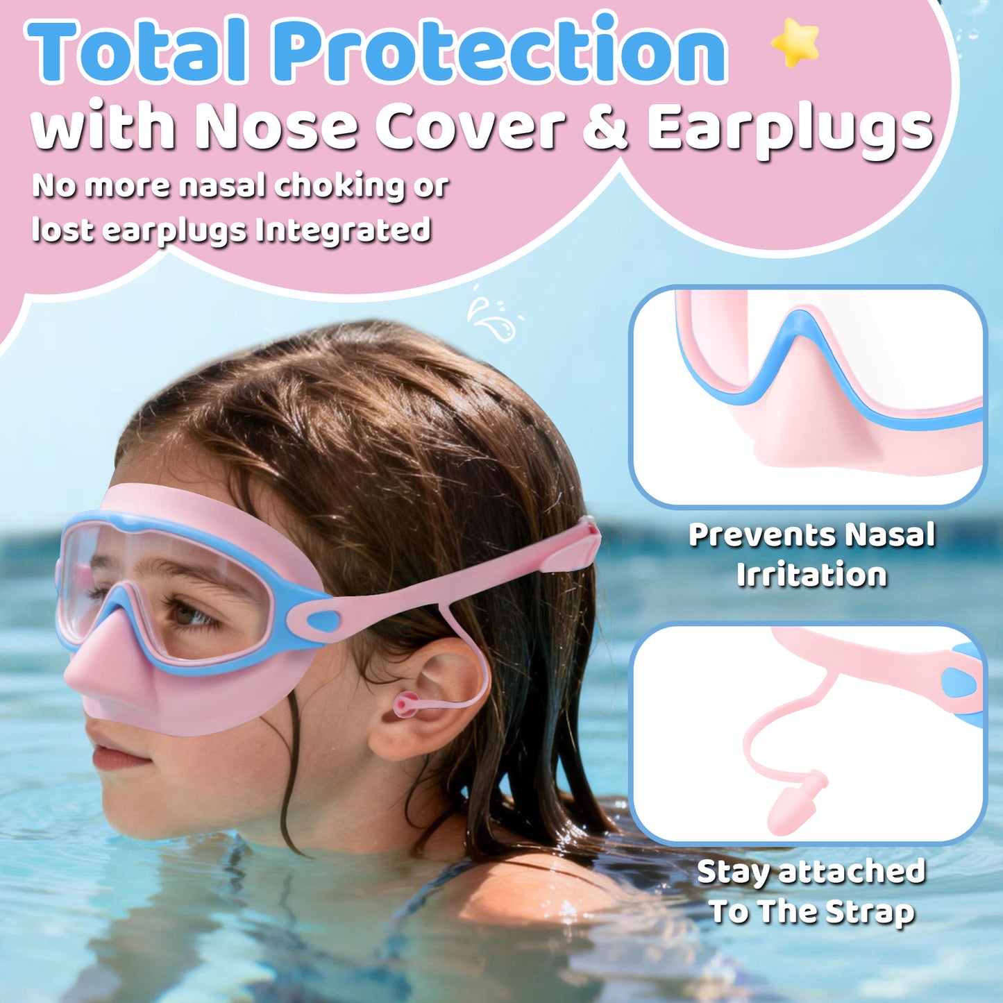 Vvinca Kids Swim Goggles 2 Pack with Nose Cover and Attached Earplugs, Wide View Anti-Fog/UV Swimming Goggles for Age 3-12 Boys Girls, No Leak Pool Water Clear Swimming Goggle for Youth Toddler