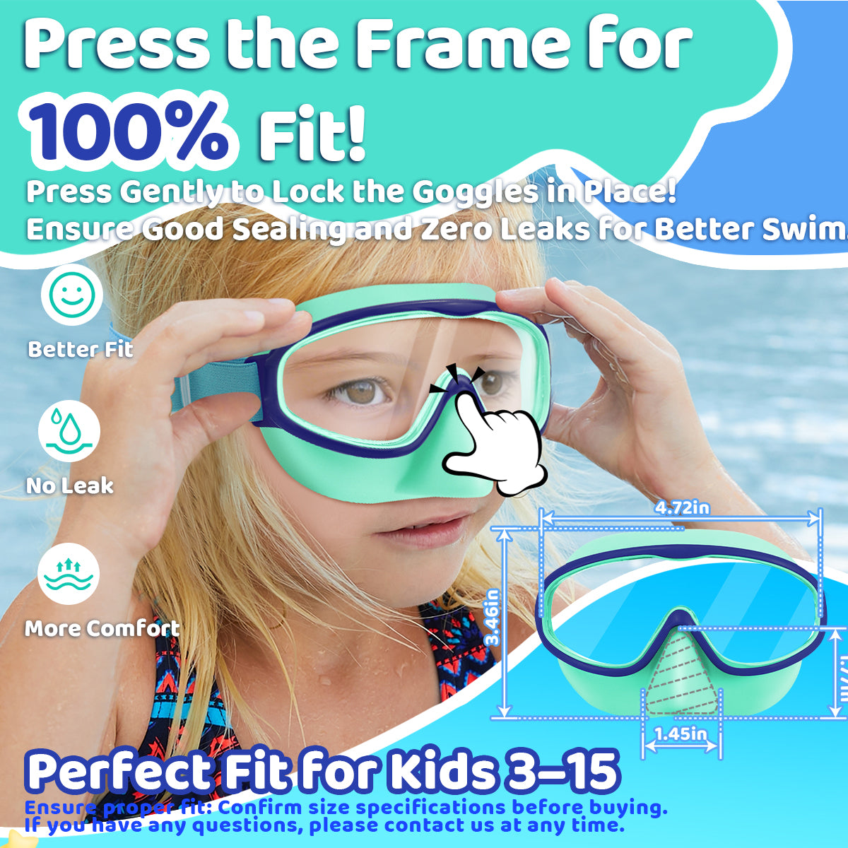 Vvinca Kids Goggles with Nose Cover Comfort Fabric Strap, Kids Swim Goggles Wide View Diving Mask Anti-Fog/UV No Leaking Swimming Goggles for 3-14