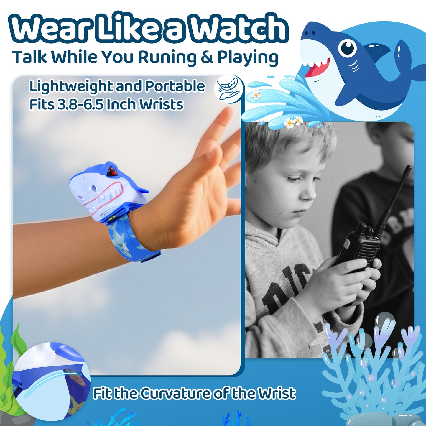 Vvinca Walkie Talkies for Kids 2 Pack - Toys for Boys Girls Age 3-5 5-7 8-12 Christmas Birthday Gifts for Toddlers Adjustable Strap Long Range Clear Sound Camping Outdoor Game Shark Walkie-Talkie