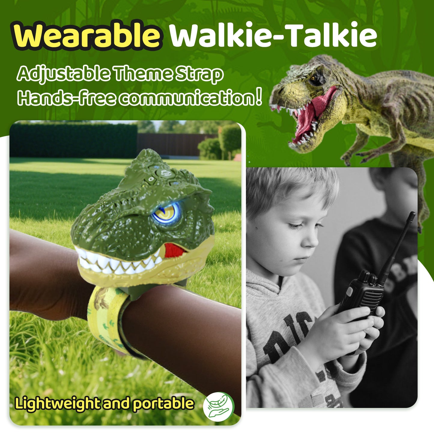 Vvinca Dinosaur Walkie Talkies for Kids 2 Pack, T-Rex Dinosaur Toys for Kids 3-5 5-7 8-12 Adjustable Strap Long Range Outdoor Camping Toys Boys Christmas Birthday Gifts