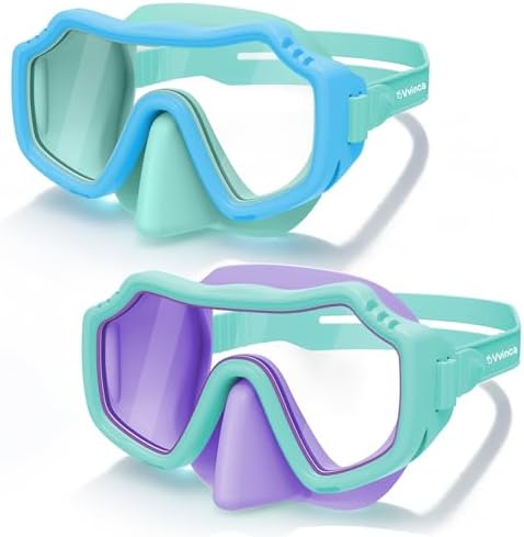 Kids Solid-Silicone Dive Masks — 2 Pack - Blue Green/Clear+Green Purple/Clear