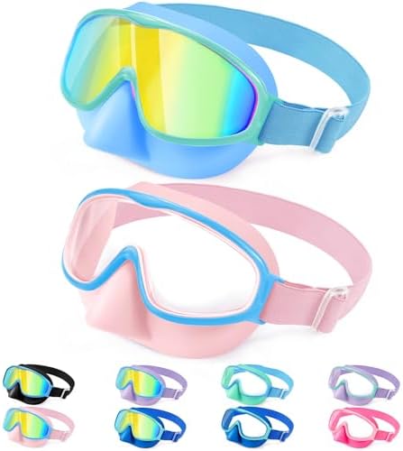 Kids Wide-View Fabric-Strap Goggles - 2 Pack — Pink Blue Clear + Blue Green Gold Mirror Lens