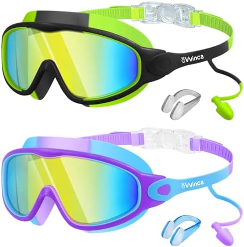 Kids Wide-View Goggles with Earplugs - Green Black Gradient/Clear Gold Mirror+Blue Purple Gradient/Clear Gold Mirror