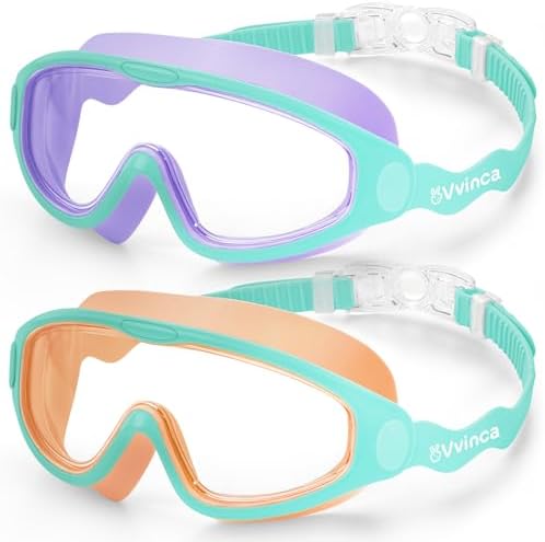 Kids Wide-View Wave-Strap Goggles - Green Orange/Clear+Green Purple/Clear