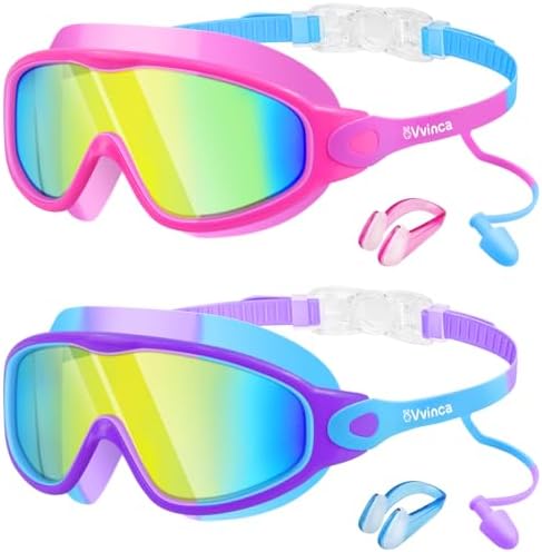 Kids Wide-View Goggles with Earplugs - Pink Magenta Gradient/Clear Gold Mirror+Blue Purple Gradient/Clear Gold Mirror