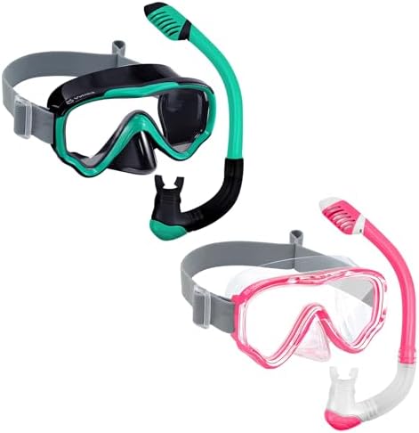 Kids Dive Mask & Snorkel Set - Magenta Clear + Green Black