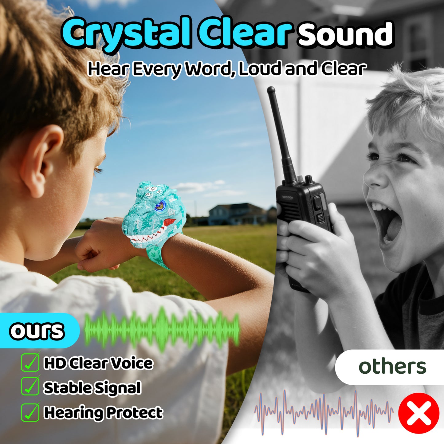 Vvinca Walkie Talkies for Kids 2 Pack - Dinosaur Toys for Boys Age 3-12 T-Rex Adjustable Wrist Strap Long Range Clear Sound Outdoor Camping Gears Christmas Stocking Stuffers Birthday Gifts, Blue