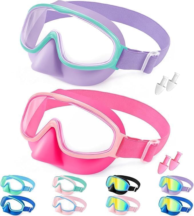 Kids Wide-View Fabric-Strap Goggles - 2 Pack — Magenta Pink Clear + Purple Mint Clear