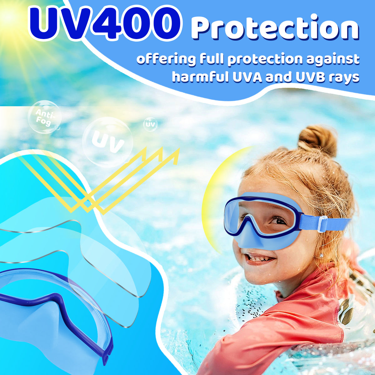 Vvinca Kids Goggles with Nose Cover Comfort Fabric Strap, Kids Swim Goggles Wide View Diving Mask Anti-Fog/UV No Leaking Swimming Goggles for 3-14