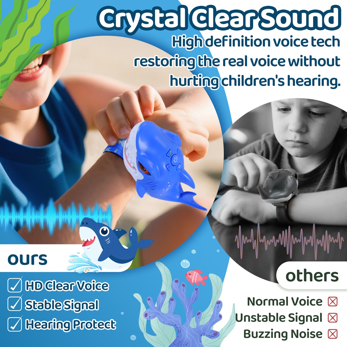 Vvinca Walkie Talkies for Kids 2 Pack - Toys for Boys Girls Age 3-5 5-7 8-12 Christmas Birthday Gifts for Toddlers Adjustable Strap Long Range Clear Sound Camping Outdoor Game Shark Walkie-Talkie