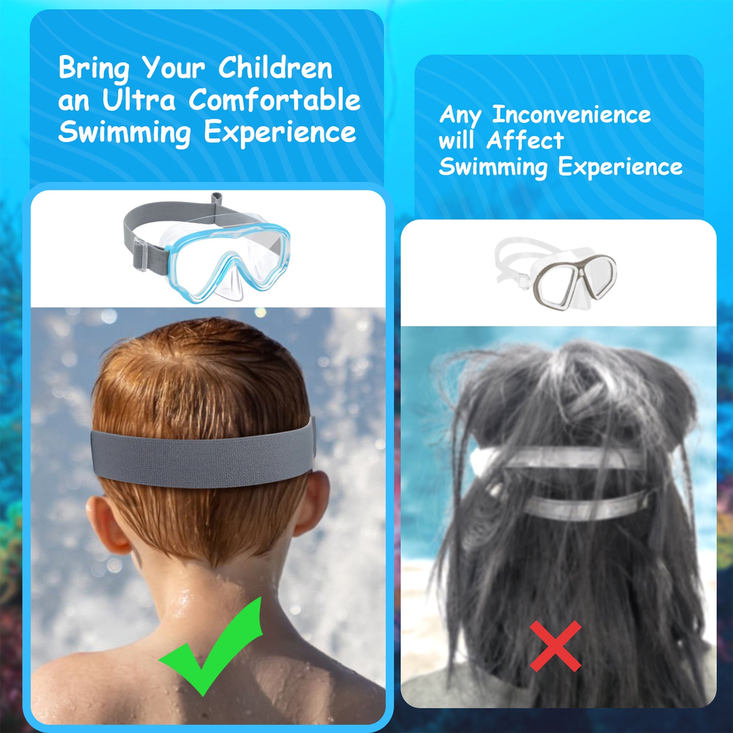 Vvinca Kids-Goggles with Nose Cover, Diving Mask Elastic Fabric Strap Anti Fog Anti Shattered Lens for Kids Swim Goggles 3-14