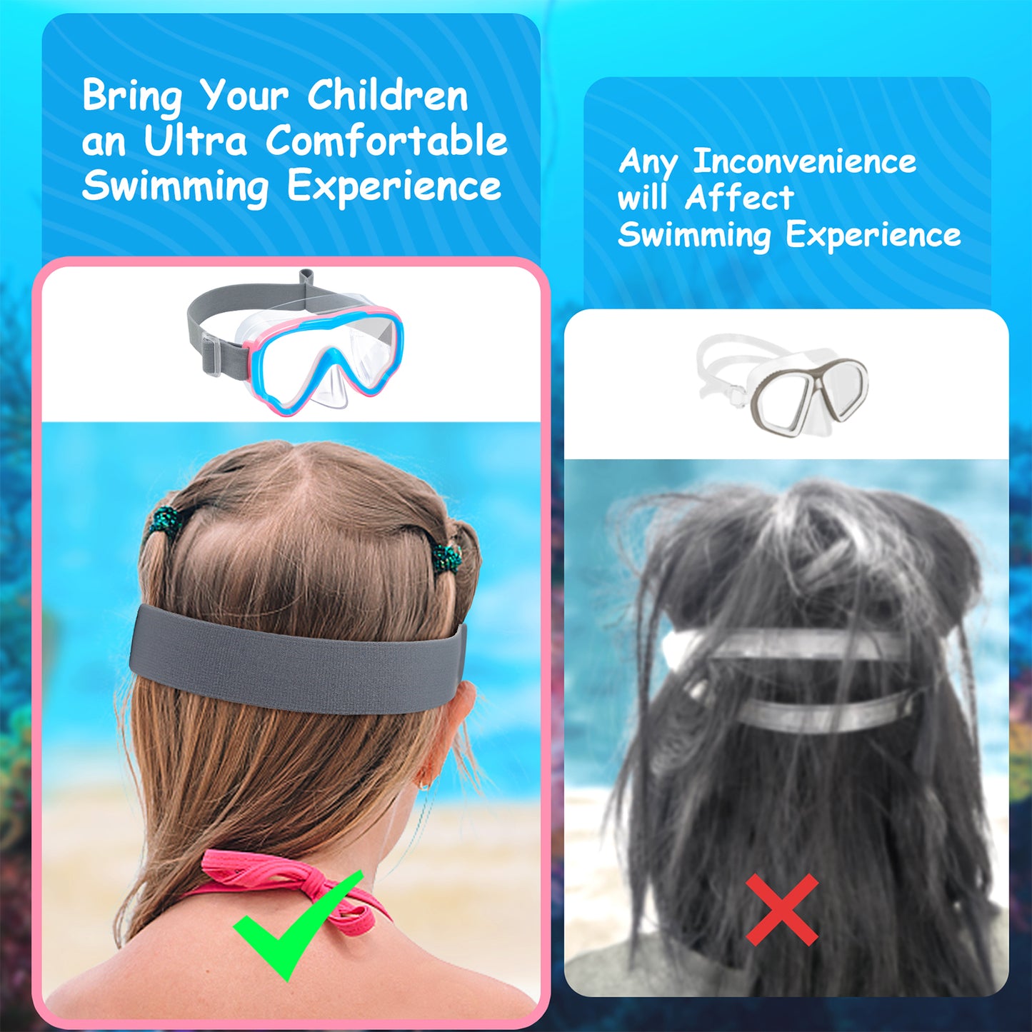 Vvinca Kids-Goggles with Nose Cover, Diving Mask Elastic Fabric Strap Anti Fog Anti Shattered Lens for Kids Swim Goggles 3-14