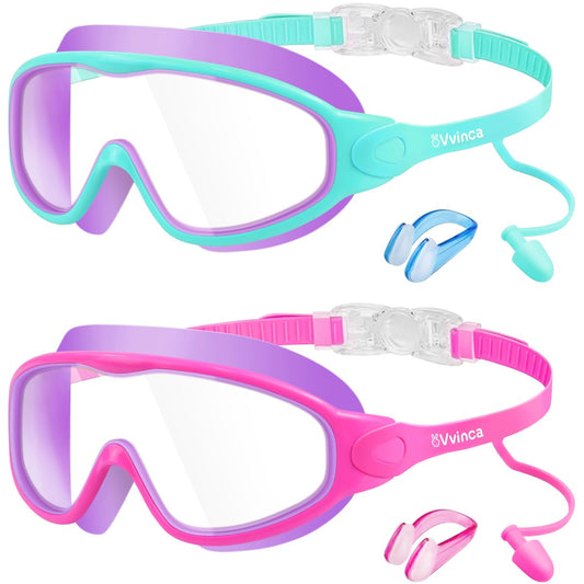 Vvinca Swim Goggles, Kids Goggles with Earplugs& Nose Clip Wide View Anti-Fog/UV Swimming Goggles for Age 3-15 Boys Girls