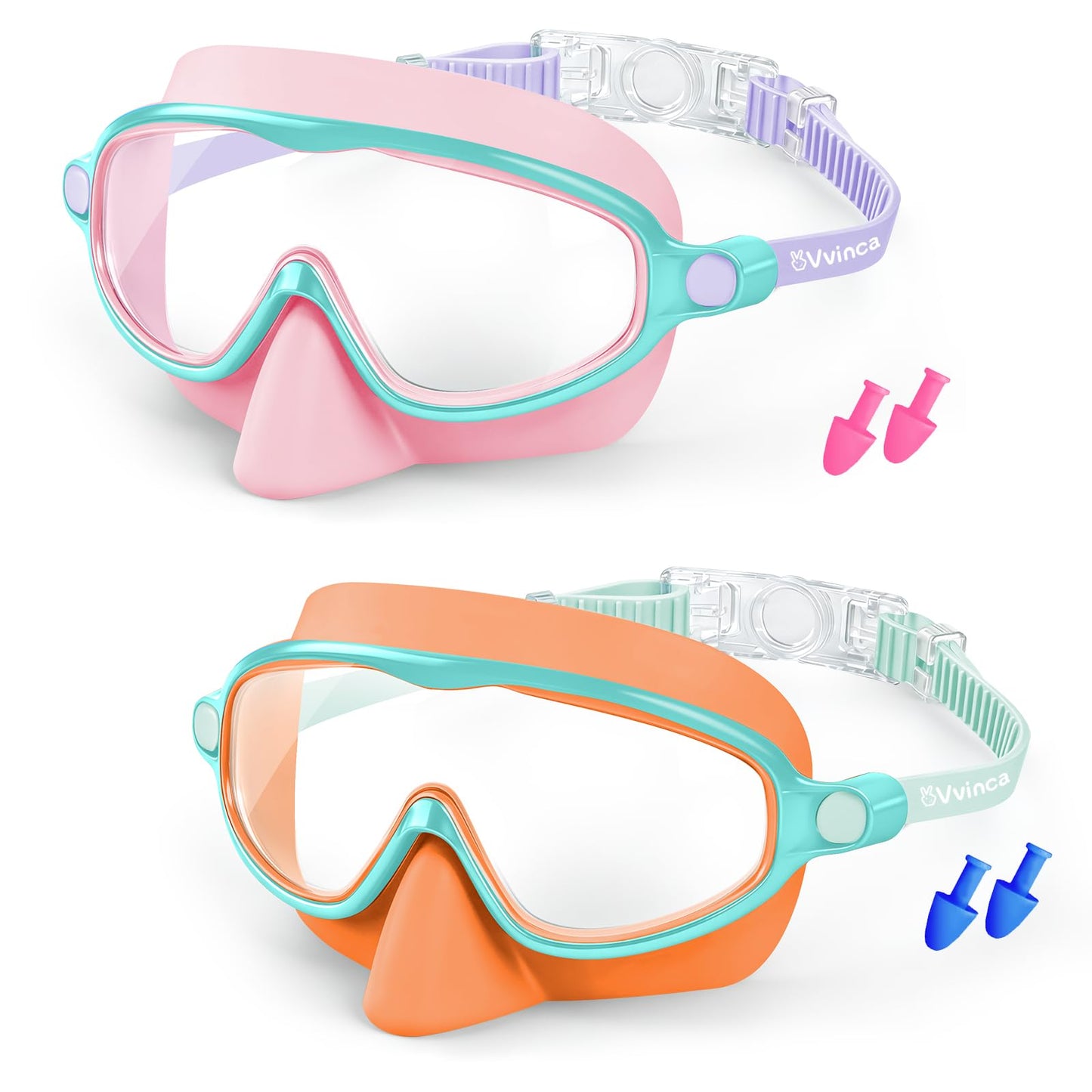 Vvinca 2 Pack Kids Swim Goggles with Nose Cover, Wide View Anti-Fog UV Protection Swimming Mask for Boys Girls Ages 3-14, No Leak Pool Goggles for Toddlers