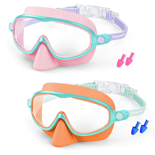 Vvinca 2 Pack Kids Swim Goggles with Nose Cover, Wide View Anti-Fog UV Protection Swimming Mask for Boys Girls Ages 3-14, No Leak Pool Goggles for Toddlers