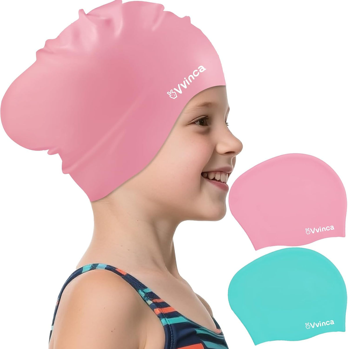 Kids Long-Hair Swim Caps — 2 Pack - 2 Pack — Pink + Mint