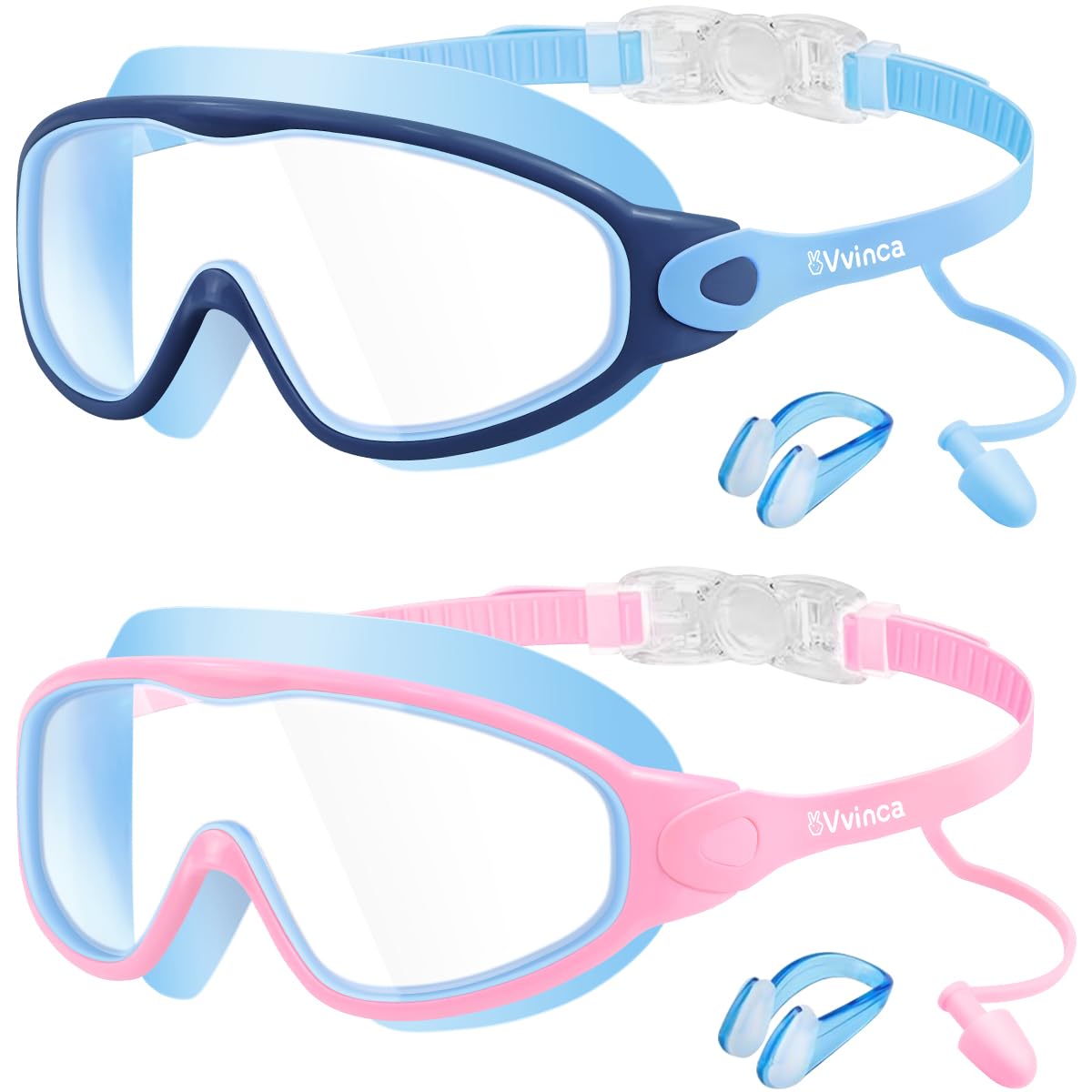 Vvinca Swim Goggles, Kids Goggles with Earplugs& Nose Clip Wide View Anti-Fog/UV Swimming Goggles for Age 3-15 Boys Girls